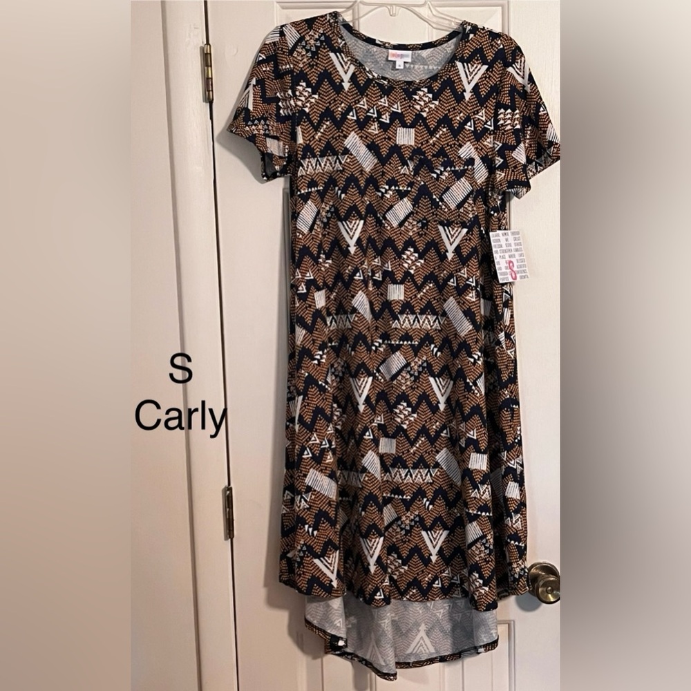 LuLaRoe Carly Dress with Geometric Print in Black, White, and Brown